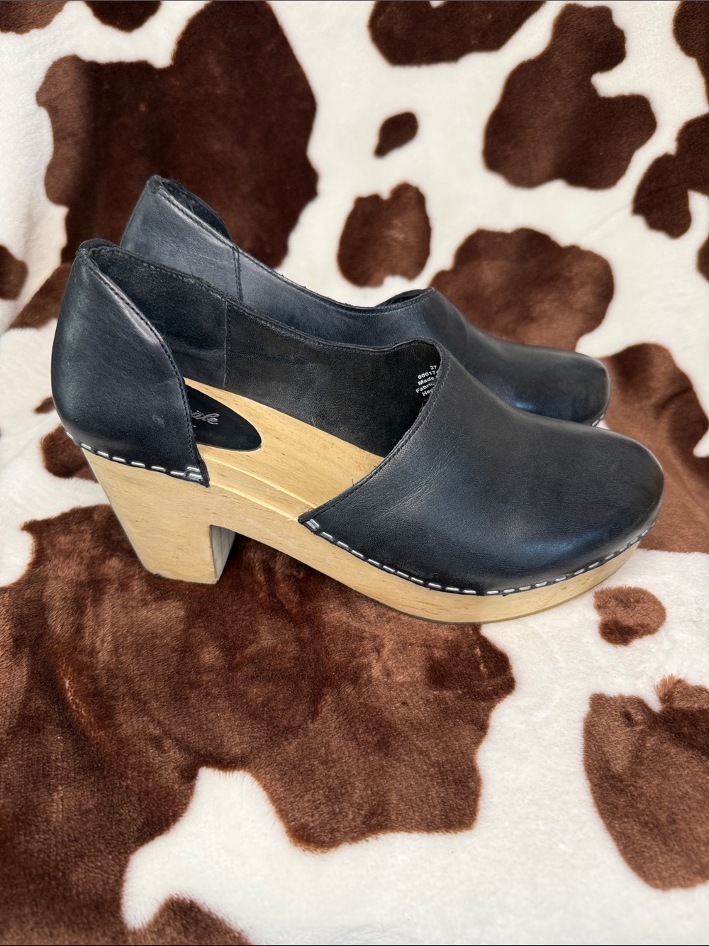 Free People Black Leather Clog Heels with Wood Platform
